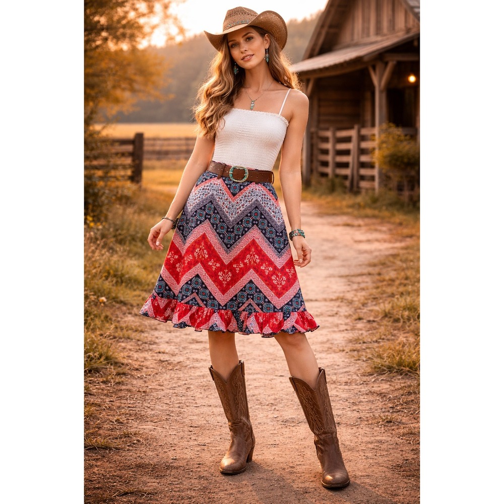 Boho Cottagecore Rodeo Western Concert Patchwork‎ Ruffle Red Blue Floral M Skirt
